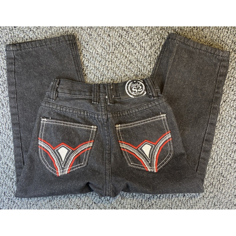 S2 Denim Jeans Youth 7 Boys Embroidered Pockets Black Y2K Hip Hop Streetwear
